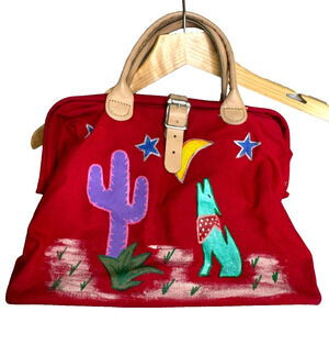 Vintage Hand Painted Western Southwest Handbag Red Cactus Wolf Desert Howling